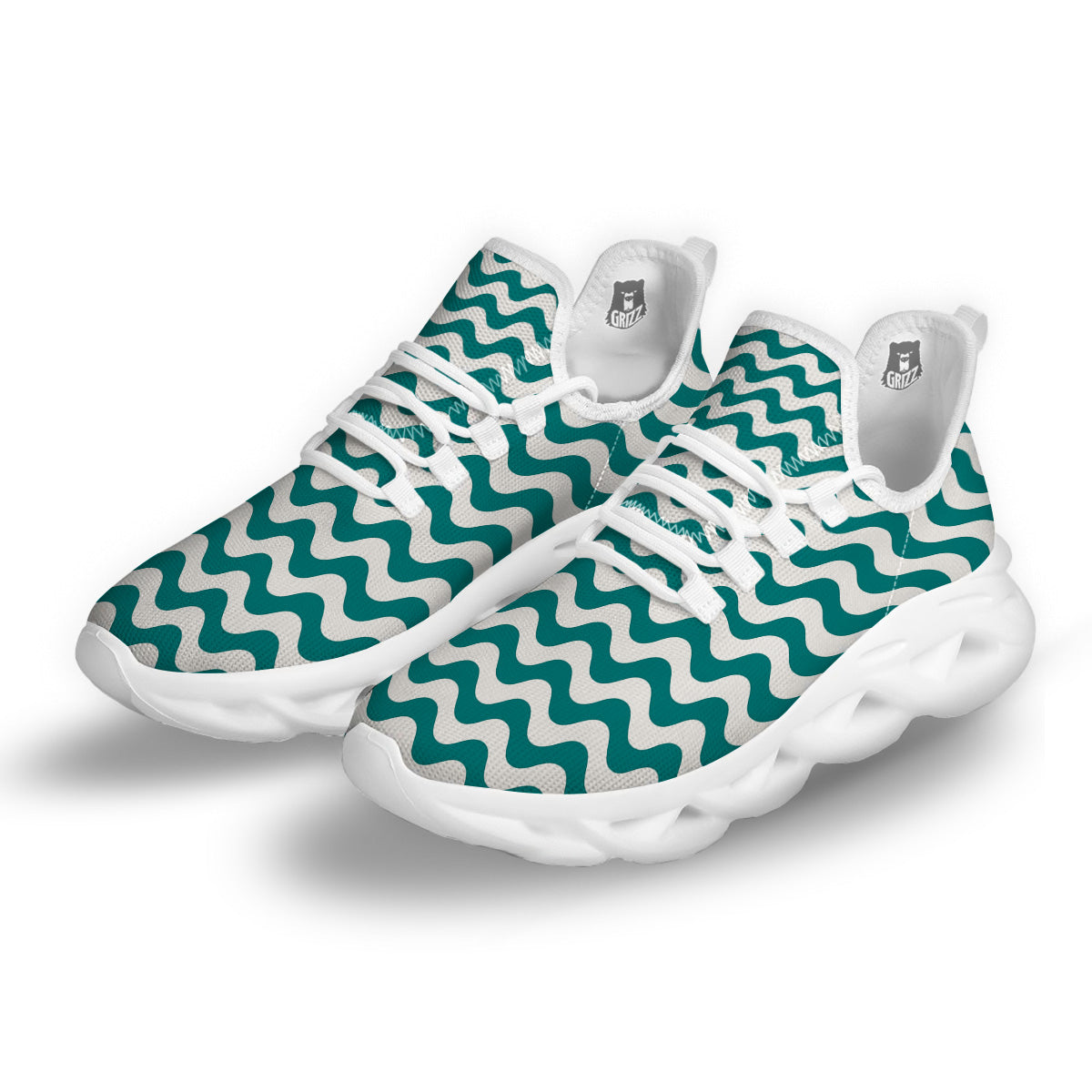 Teal Wave Striped Print White Running Shoes-grizzshop