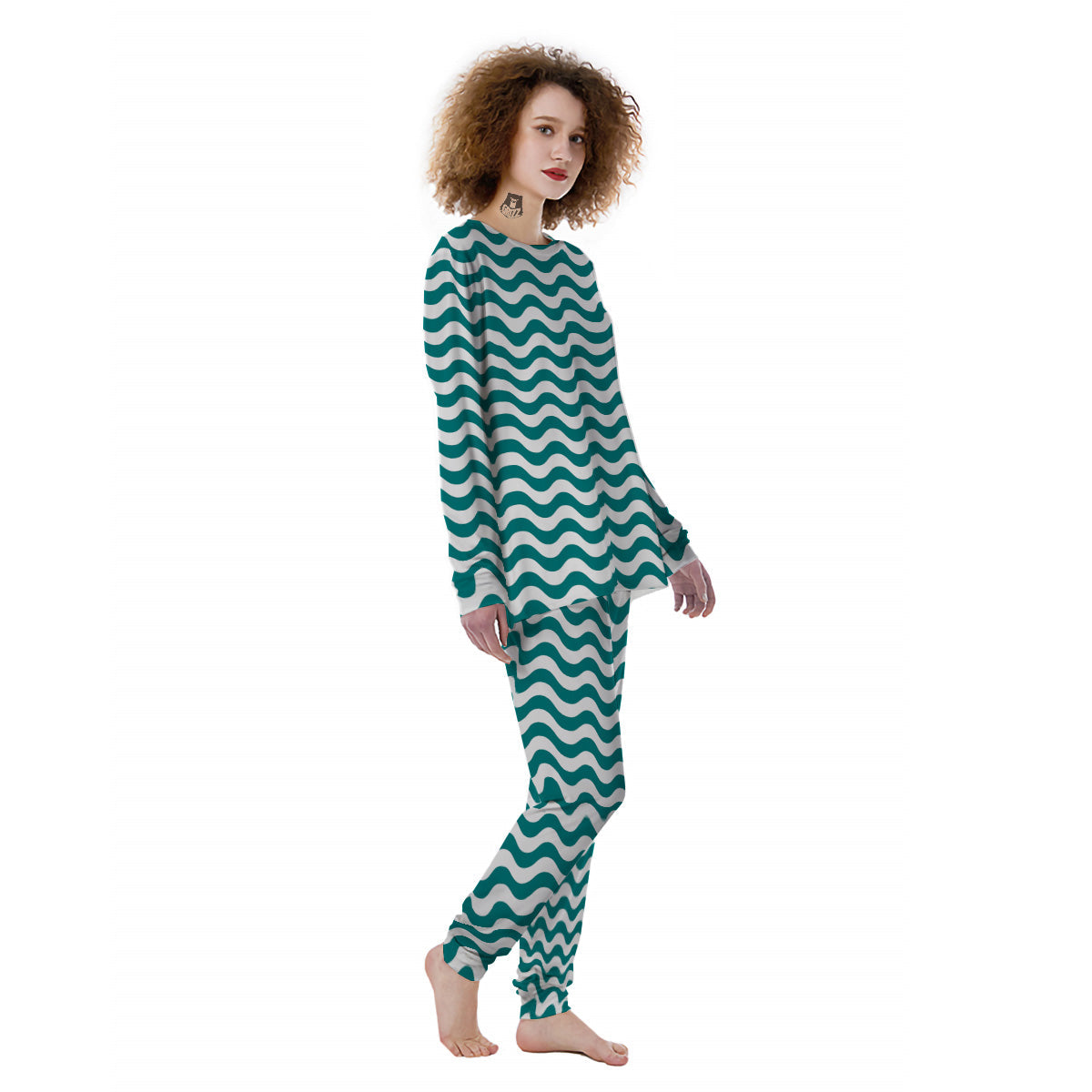 Teal Wave Striped Print Women's Pajamas-grizzshop