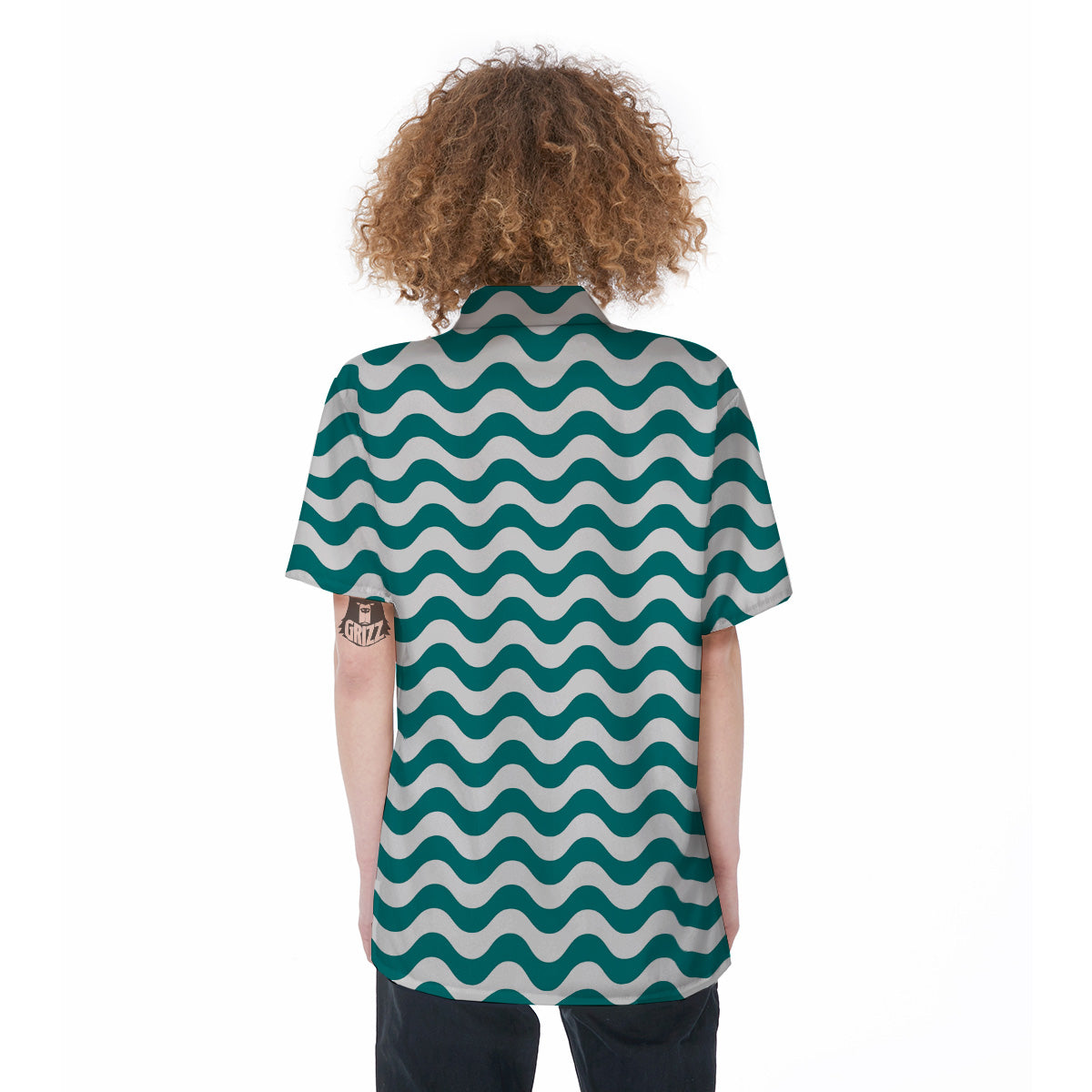 Teal Wave Striped Print Women's Short Sleeve Shirts-grizzshop