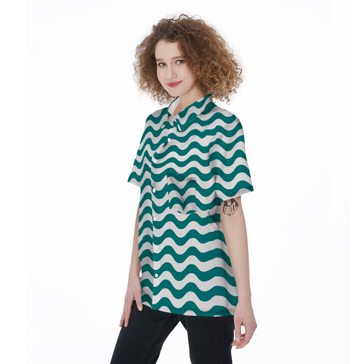 Teal Wave Striped Print Women's Short Sleeve Shirts-grizzshop