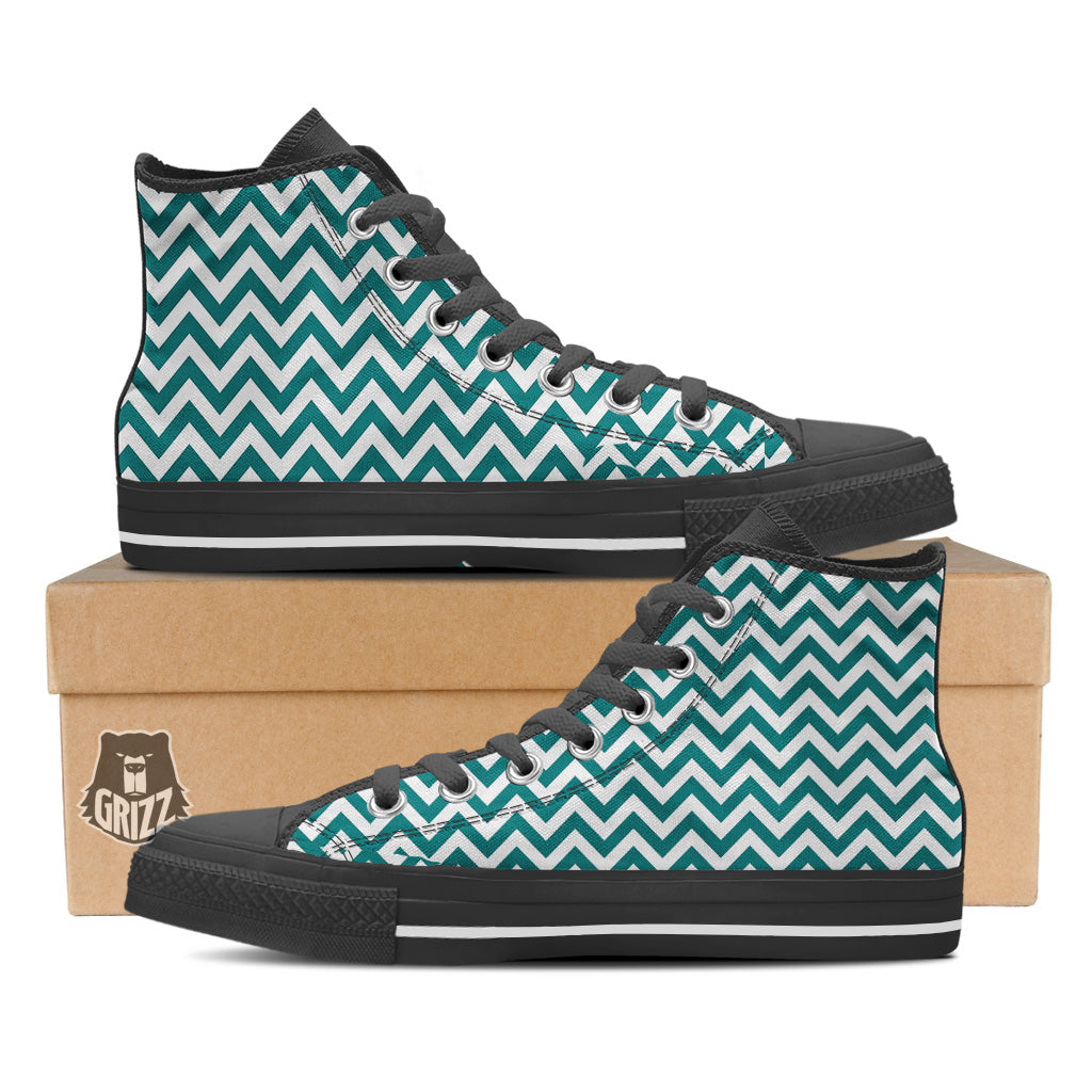 Teal Zigzag Print Pattern Black High Top Shoes-grizzshop