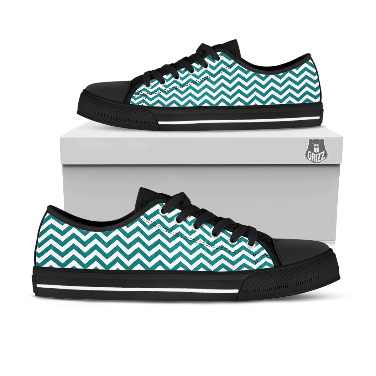 Teal Zigzag Print Pattern Black Low Top Shoes-grizzshop