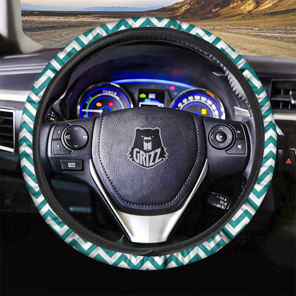 Teal Zigzag Print Pattern Car Steering Wheel Cover-grizzshop