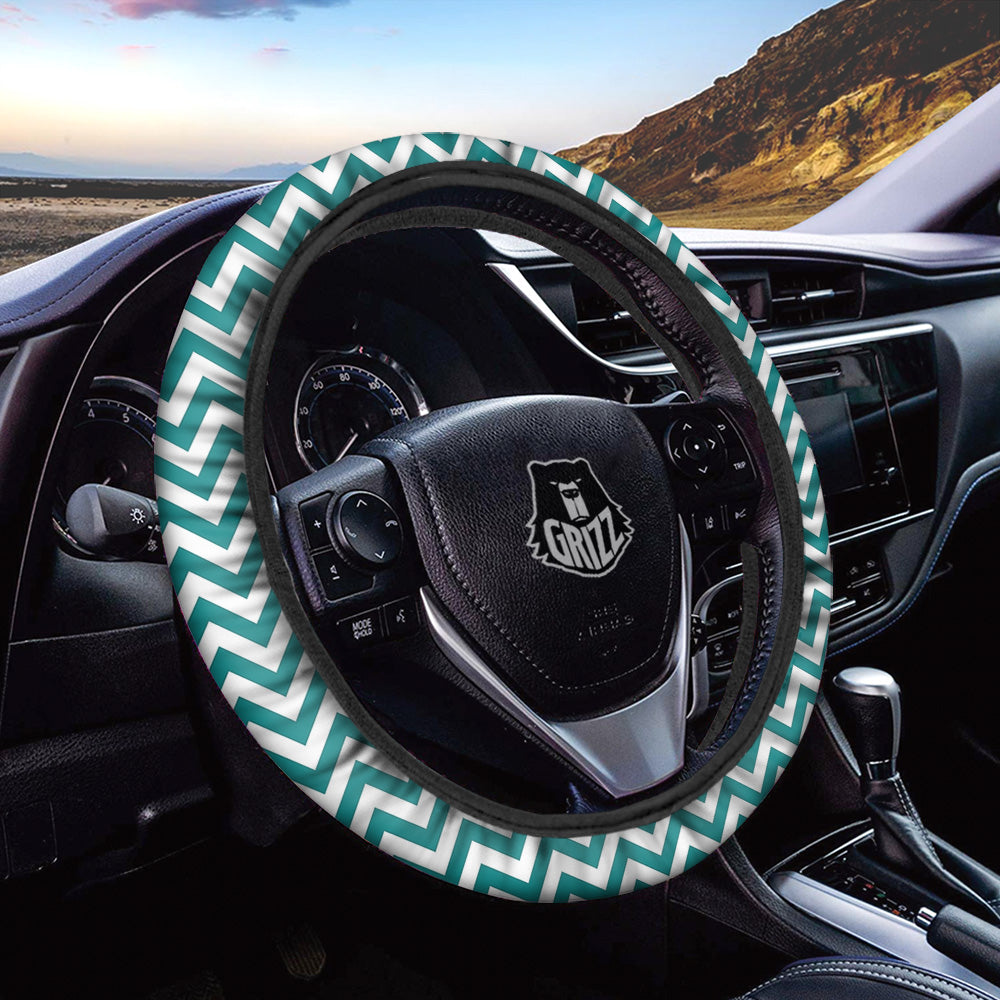 Teal Zigzag Print Pattern Car Steering Wheel Cover-grizzshop