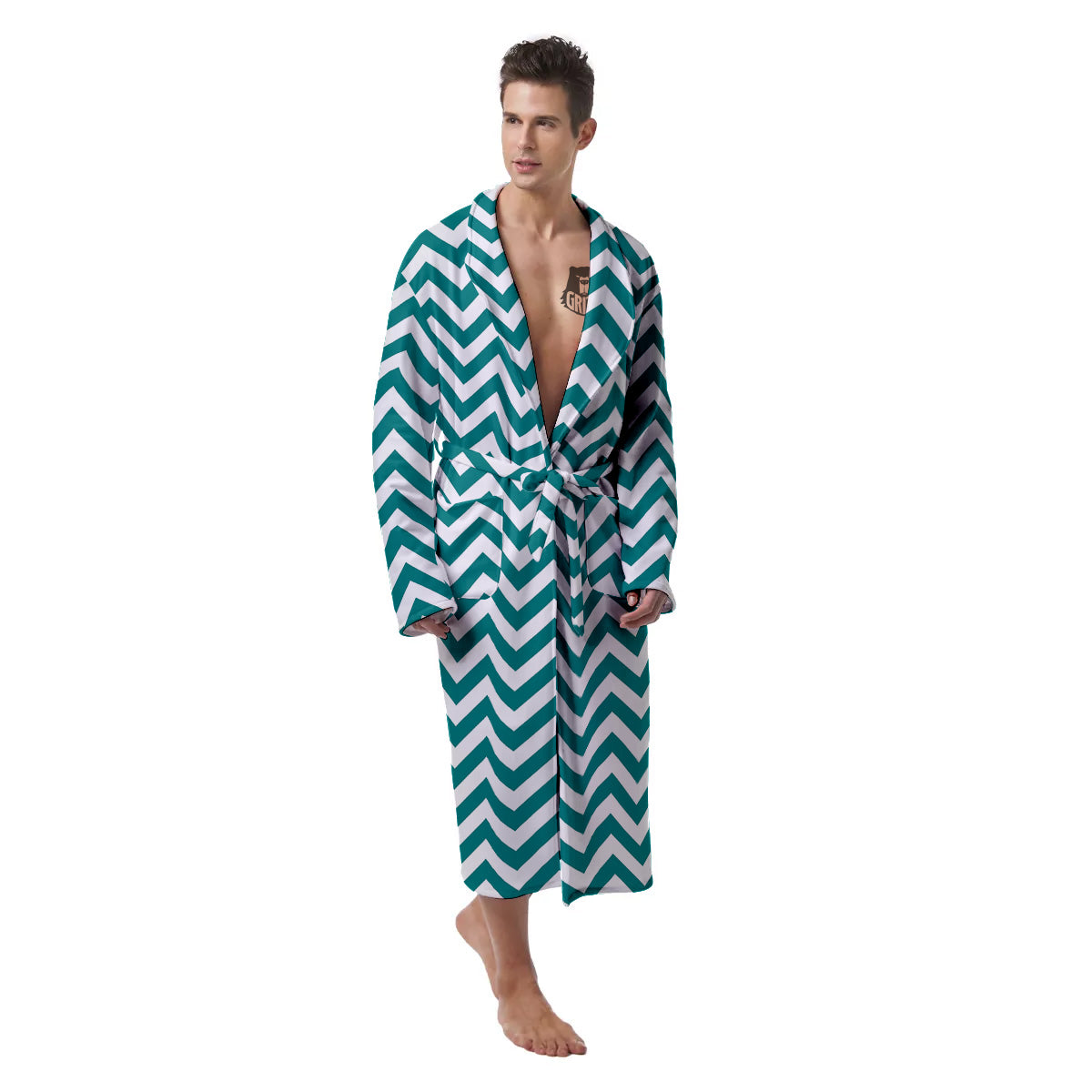 Teal Zigzag Print Pattern Men's Robe-grizzshop