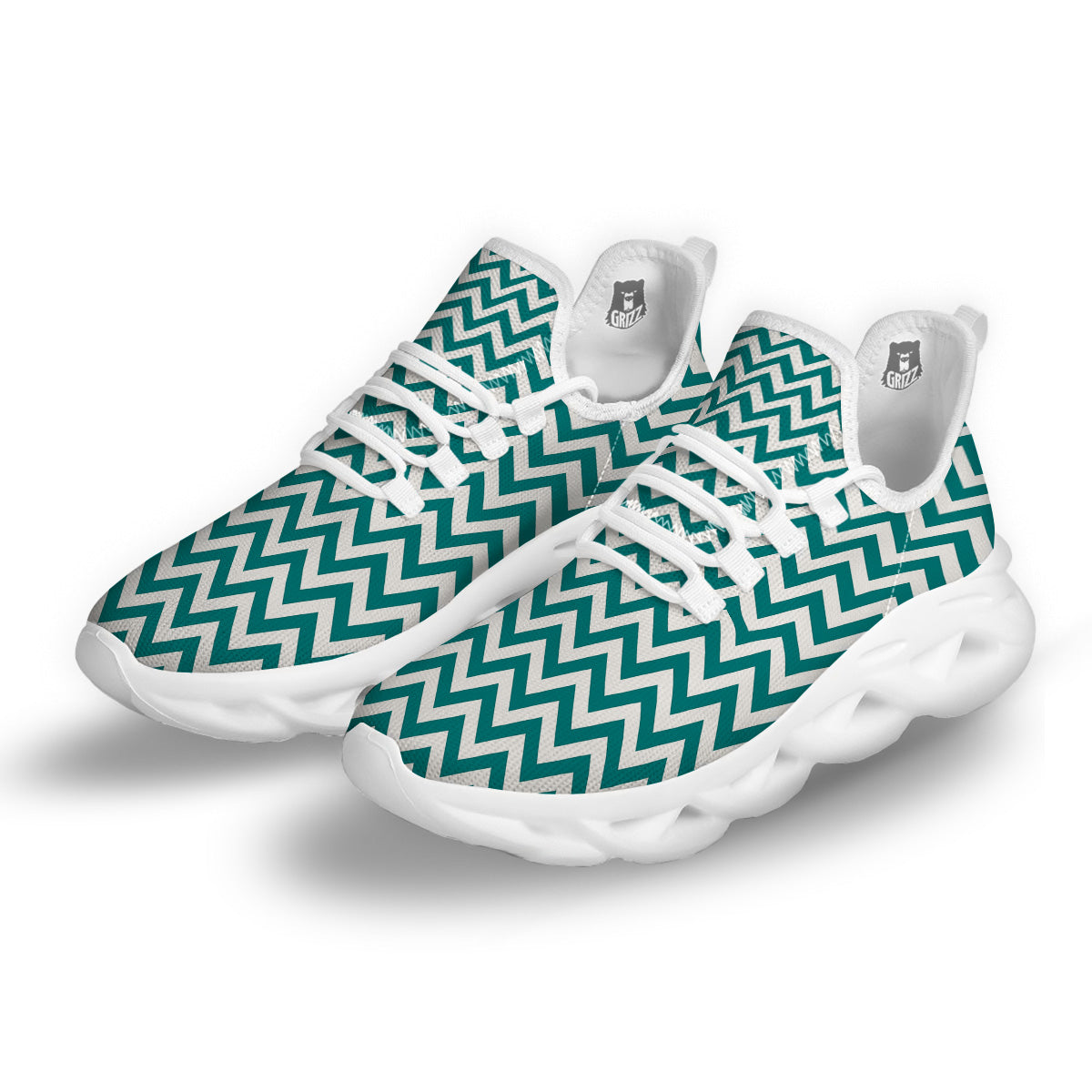 Teal Zigzag Print Pattern White Running Shoes-grizzshop