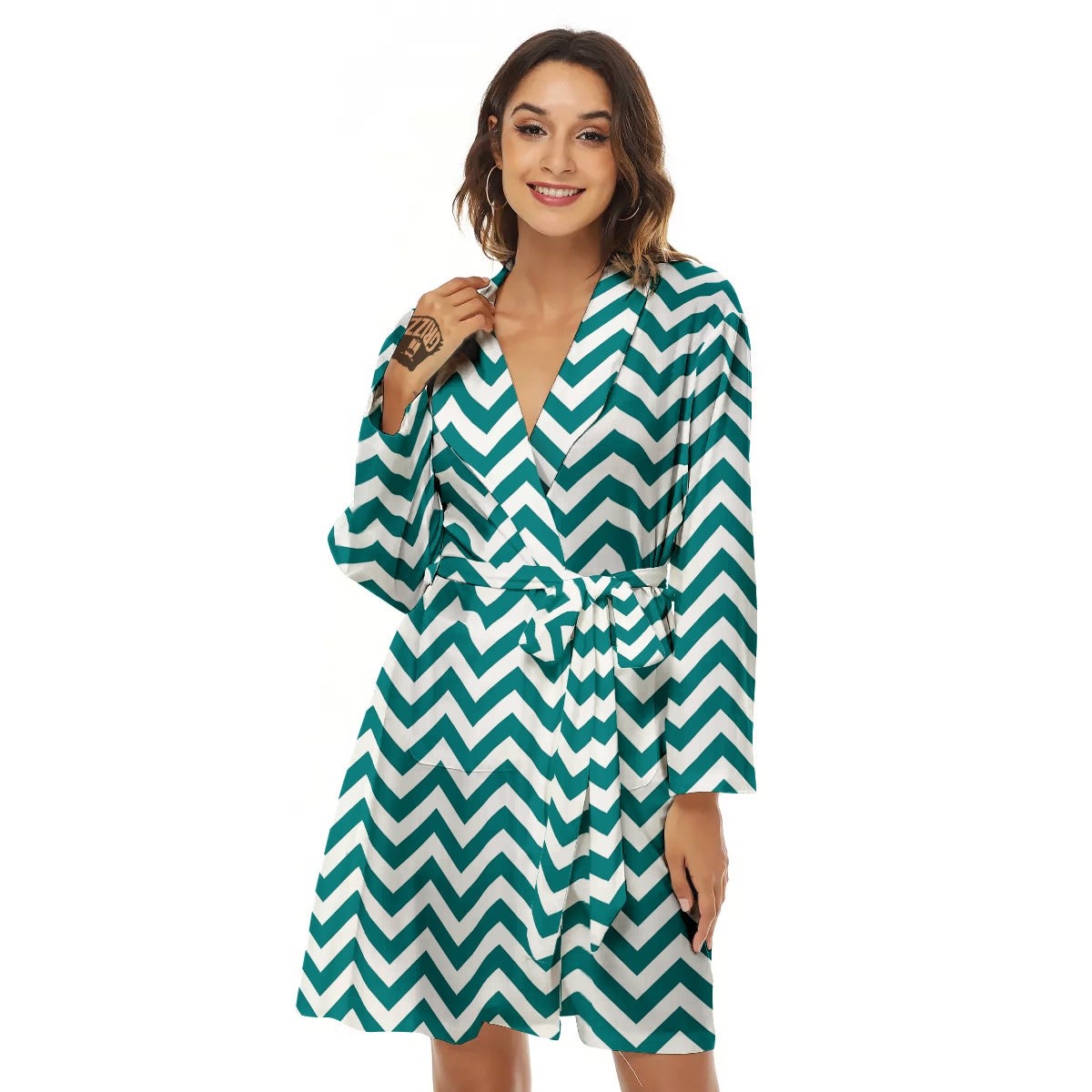 Teal Zigzag Print Pattern Women's Robe-grizzshop