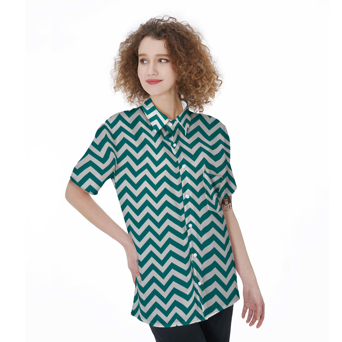Teal Zigzag Print Pattern Women's Short Sleeve Shirts-grizzshop