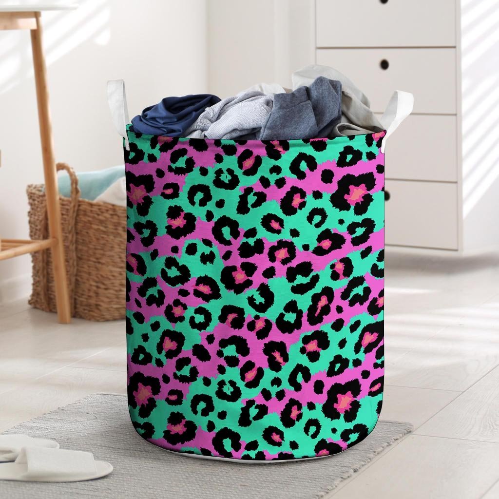 Teal Pink Leopard Laundry Basket-grizzshop