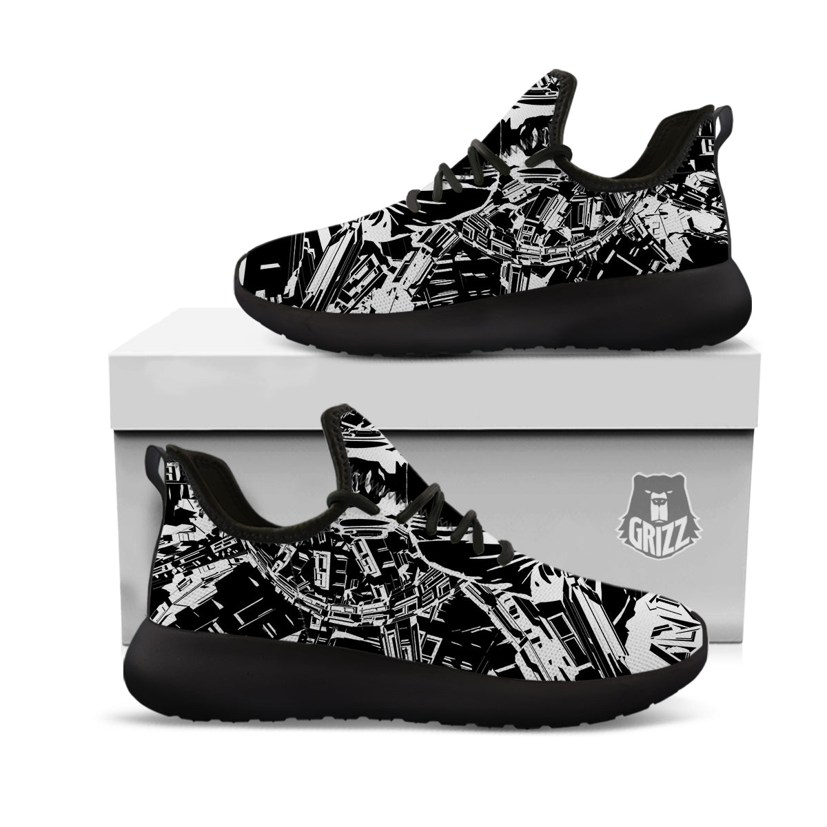 Technical Buddha Black And White Print Black Athletic Shoes-grizzshop