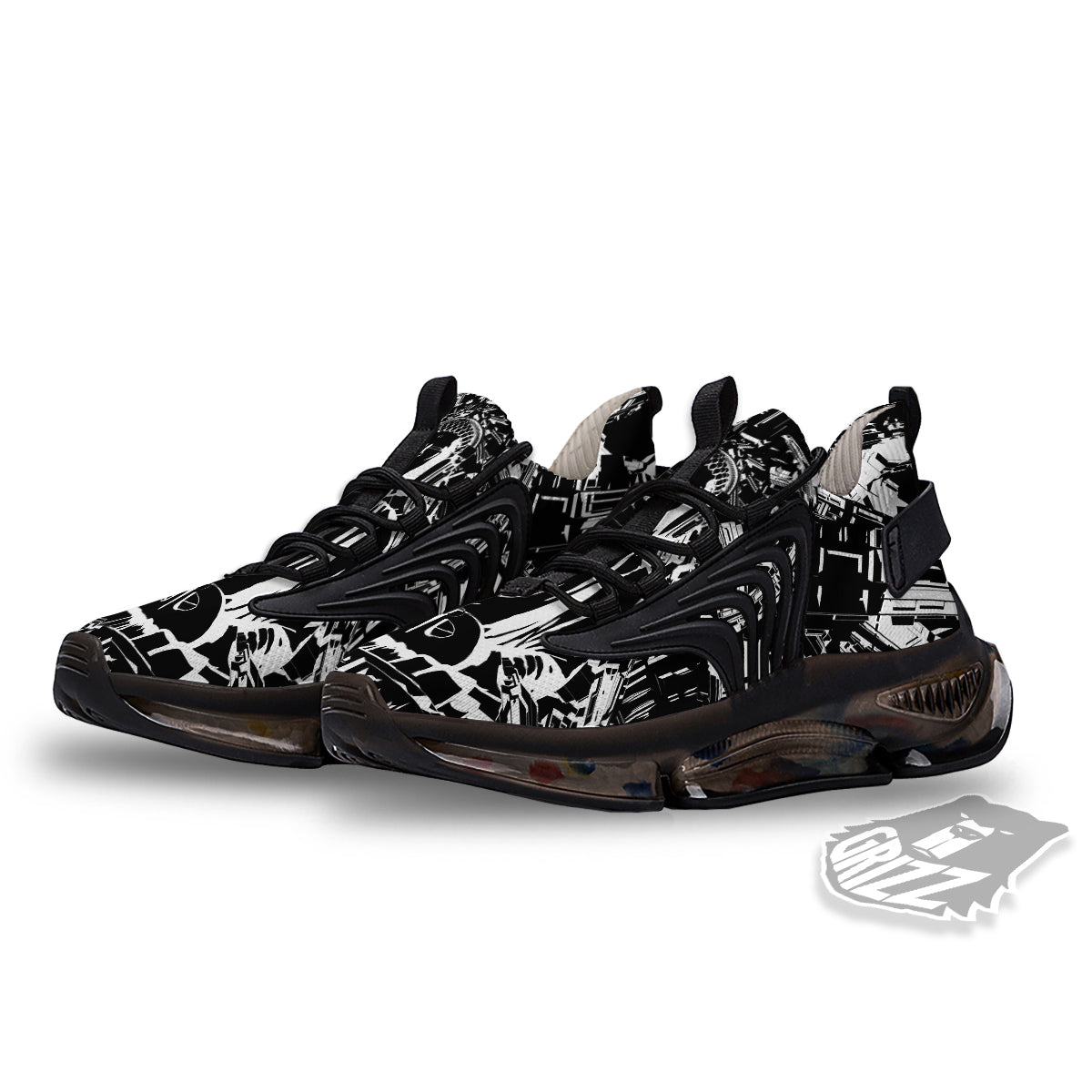 Technical Buddha Black And White Print Black Gym Shoes-grizzshop