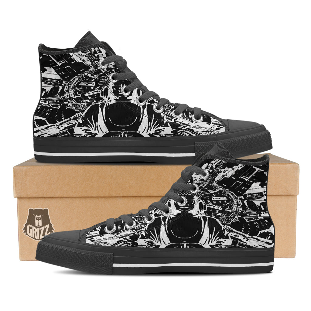 Technical Buddha Black And White Print Black High Top Shoes-grizzshop