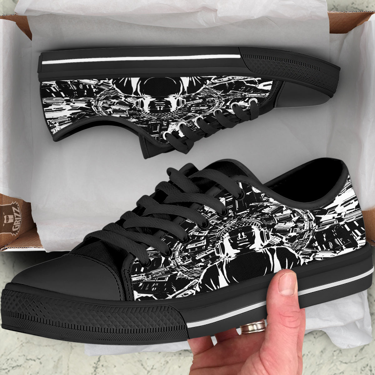 Technical Buddha Black And White Print Black Low Top Shoes-grizzshop