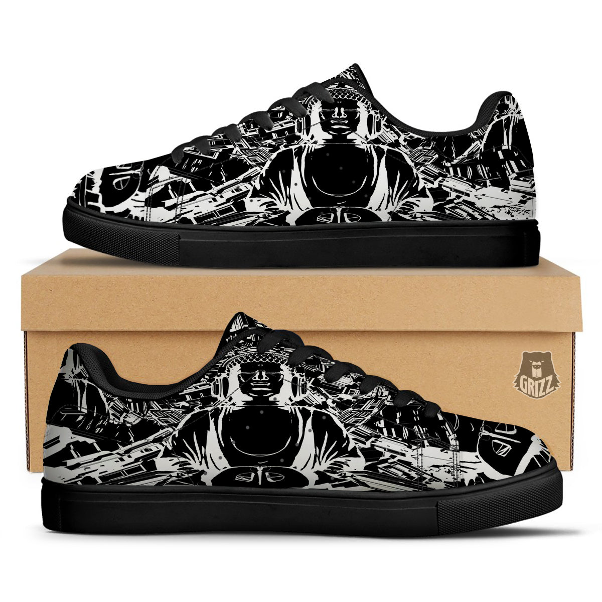 Technical Buddha Black And White Print Black Low Top Sneakers-grizzshop