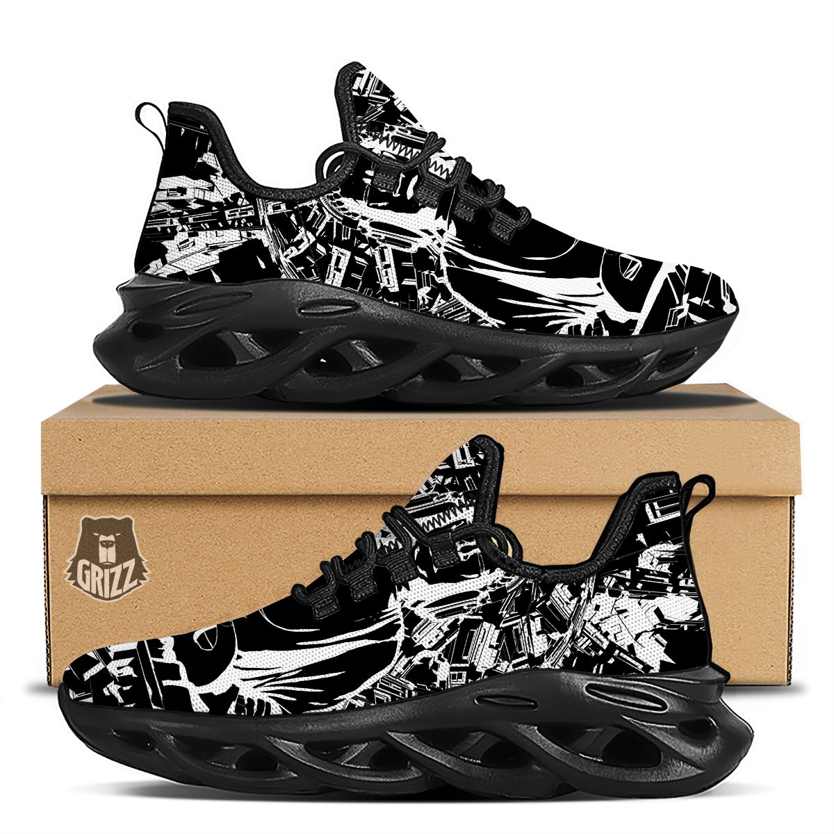 Technical Buddha Black And White Print Black Running Shoes-grizzshop