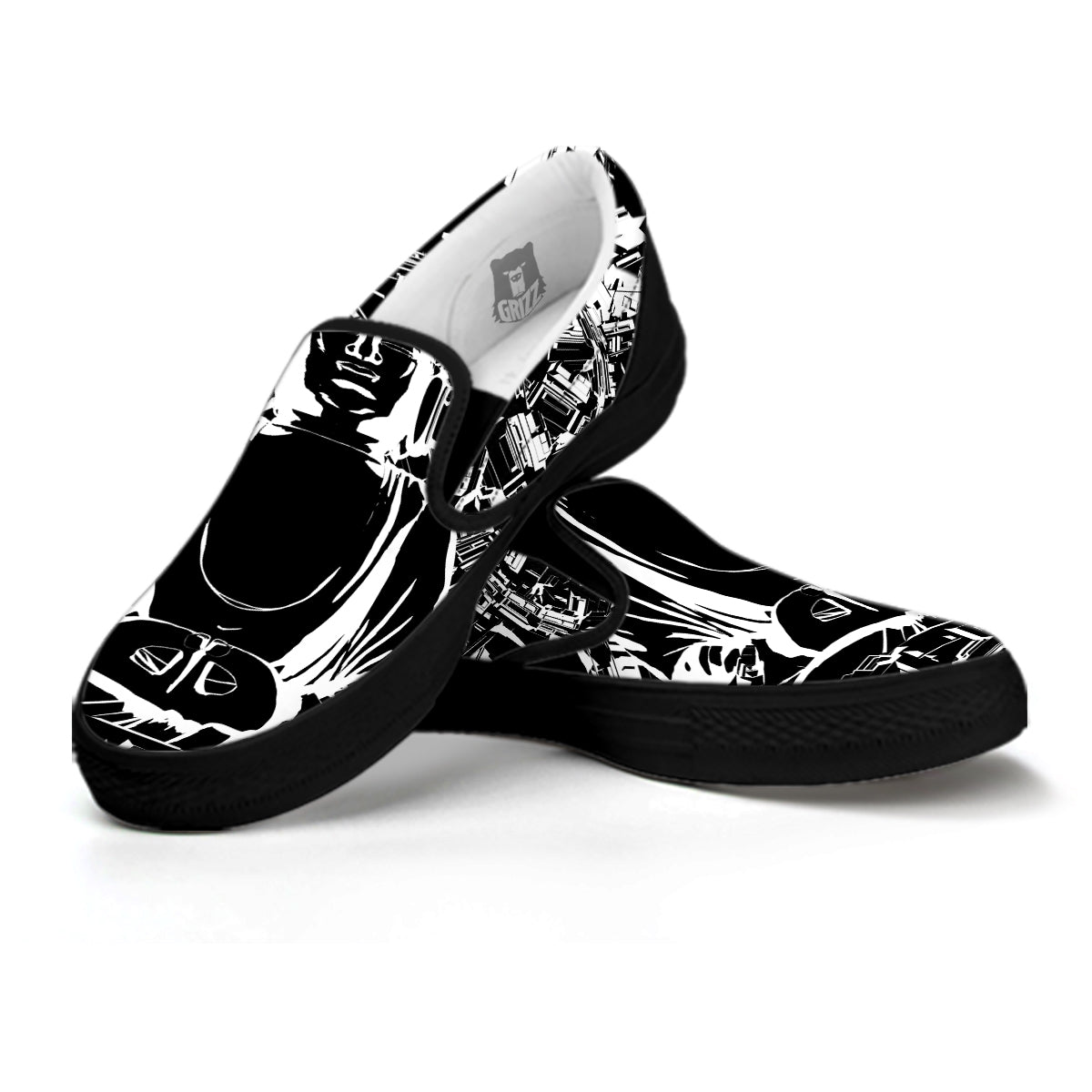 Technical Buddha Black And White Print Black Slip On Shoes-grizzshop