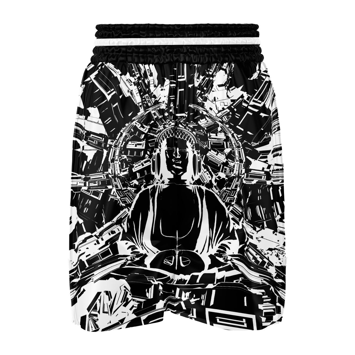Technical Buddha Black And White Print Boxing Shorts-grizzshop