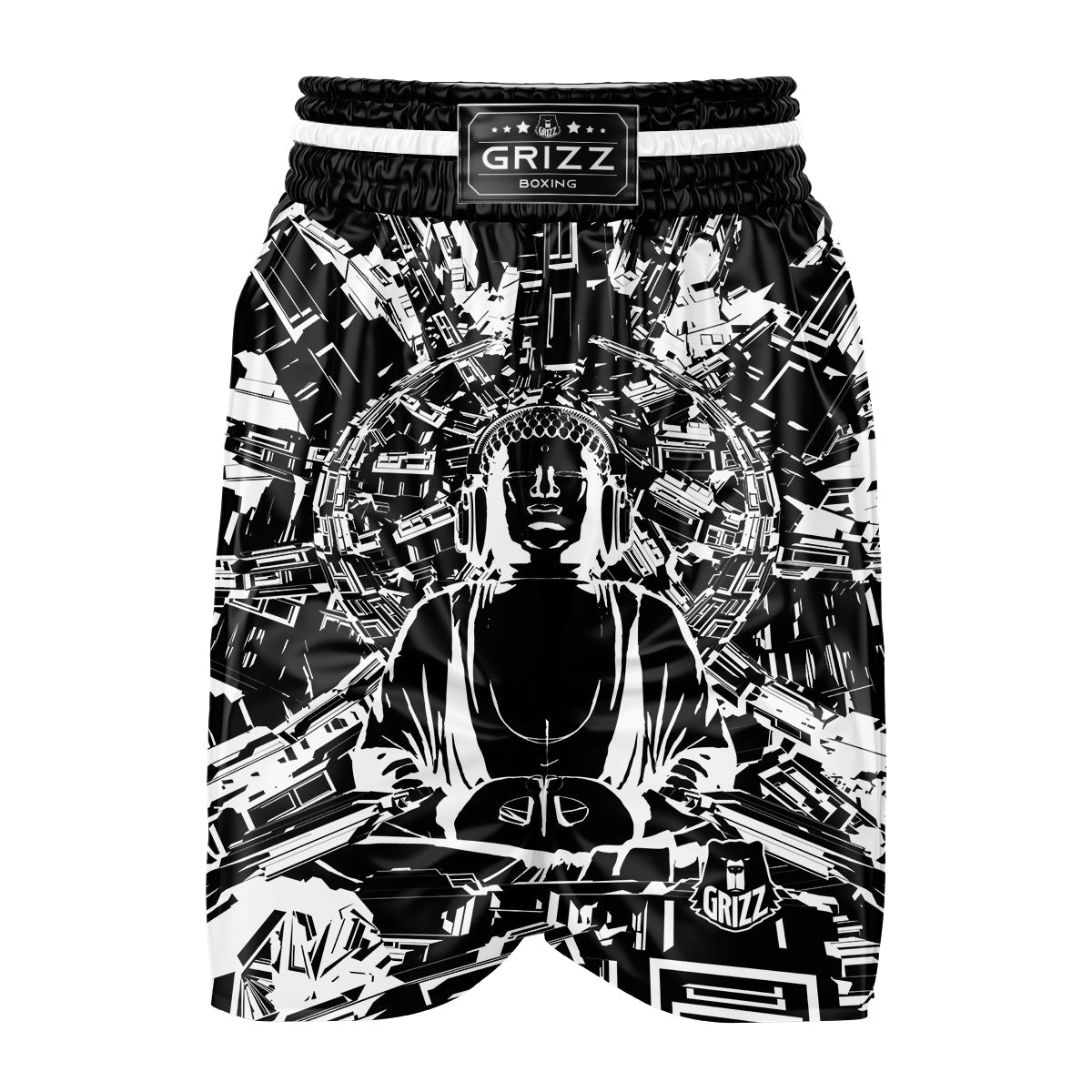 Technical Buddha Black And White Print Boxing Shorts-grizzshop