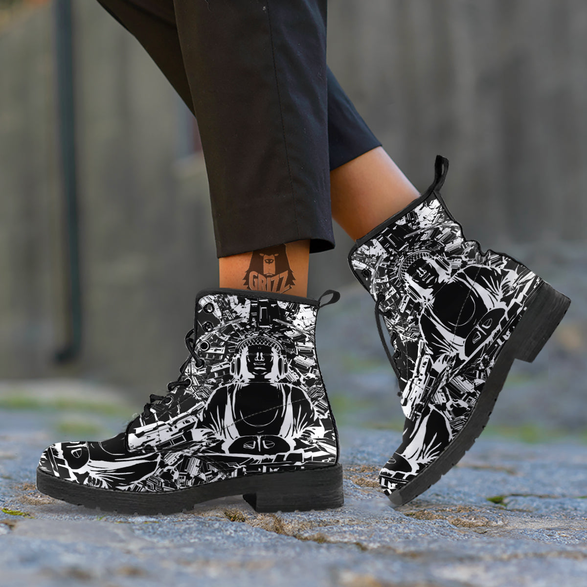 Technical Buddha Black And White Print Leather Boots-grizzshop