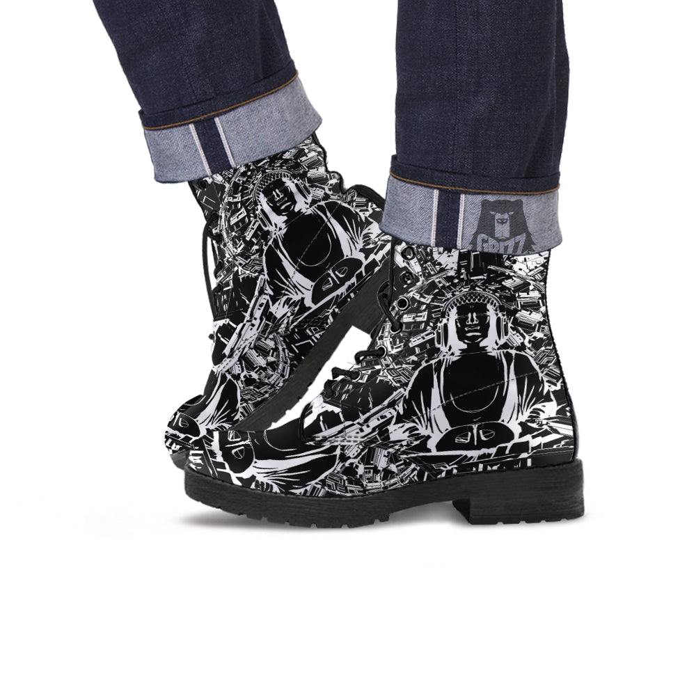 Technical Buddha Black And White Print Leather Boots-grizzshop