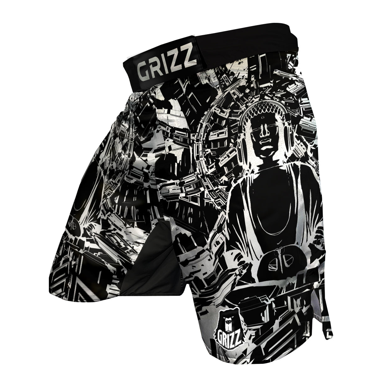 Technical Buddha Black And White Print MMA Shorts-grizzshop
