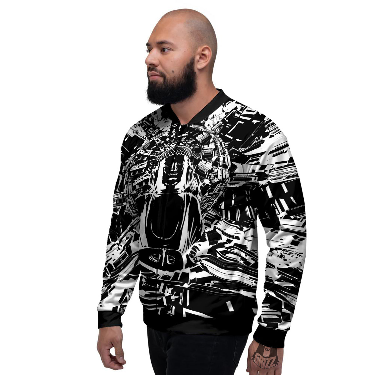 Technical Buddha Black And White Print Men's Bomber Jacket-grizzshop