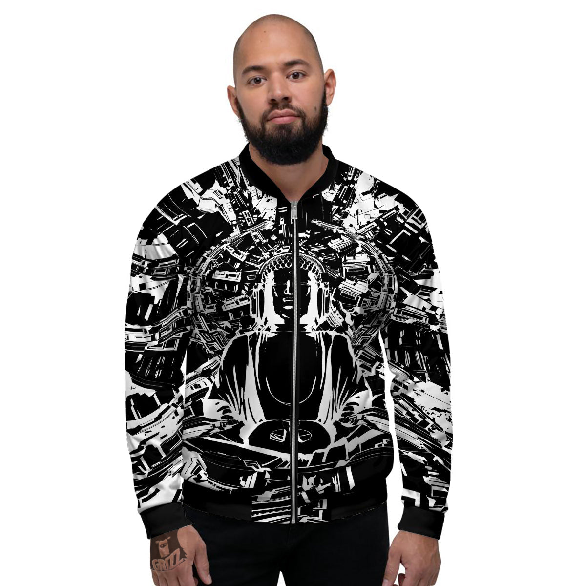 Technical Buddha Black And White Print Men's Bomber Jacket-grizzshop