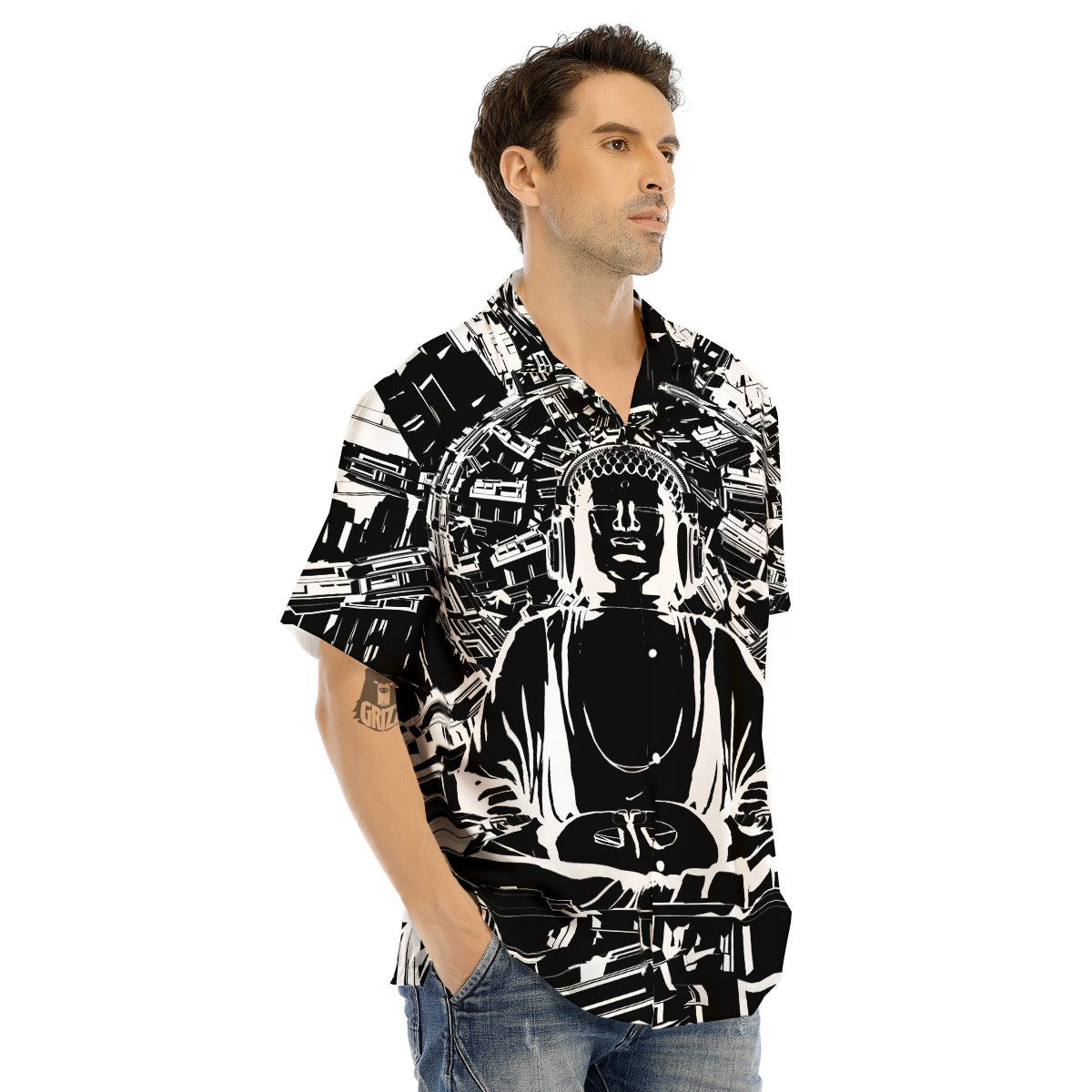 Technical Buddha Black And White Print Men's Hawaiian Shirt-grizzshop