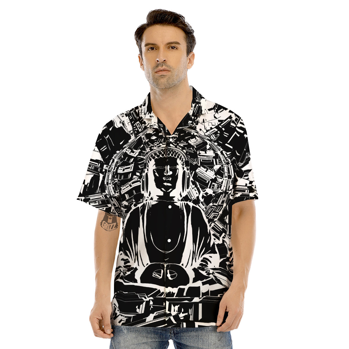 Technical Buddha Black And White Print Men's Hawaiian Shirt-grizzshop