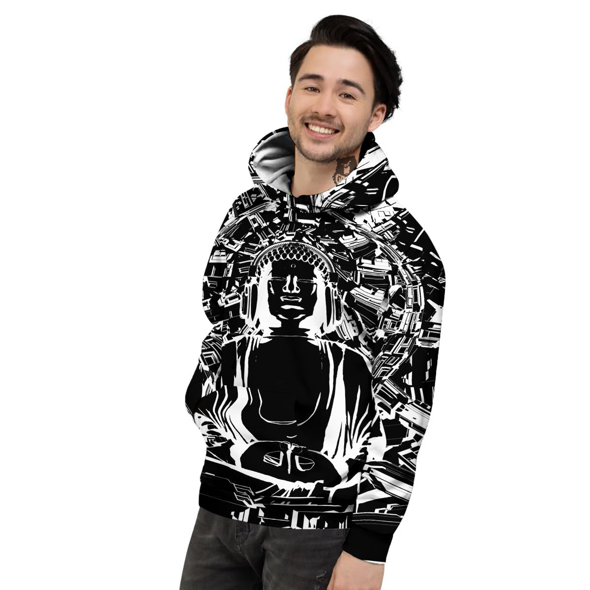 Technical Buddha Black And White Print Men's Hoodie-grizzshop