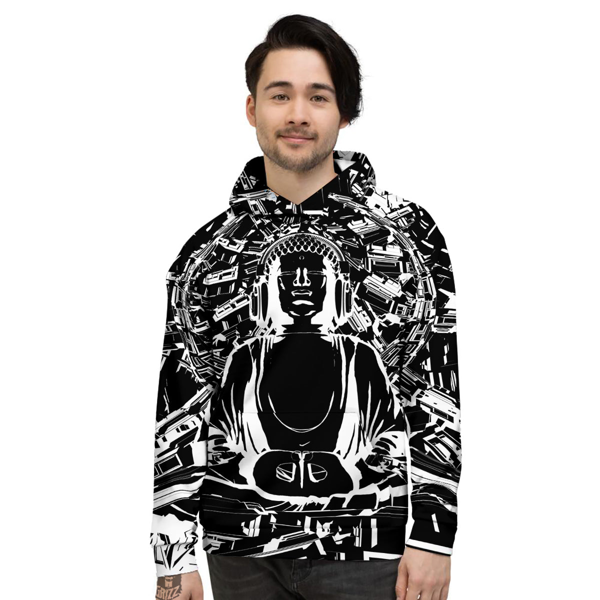 Technical Buddha Black And White Print Men's Hoodie-grizzshop