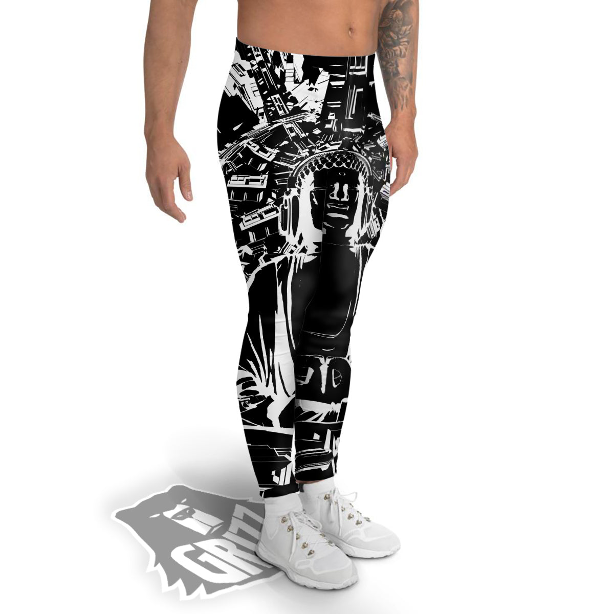 Technical Buddha Black And White Print Men's Leggings-grizzshop