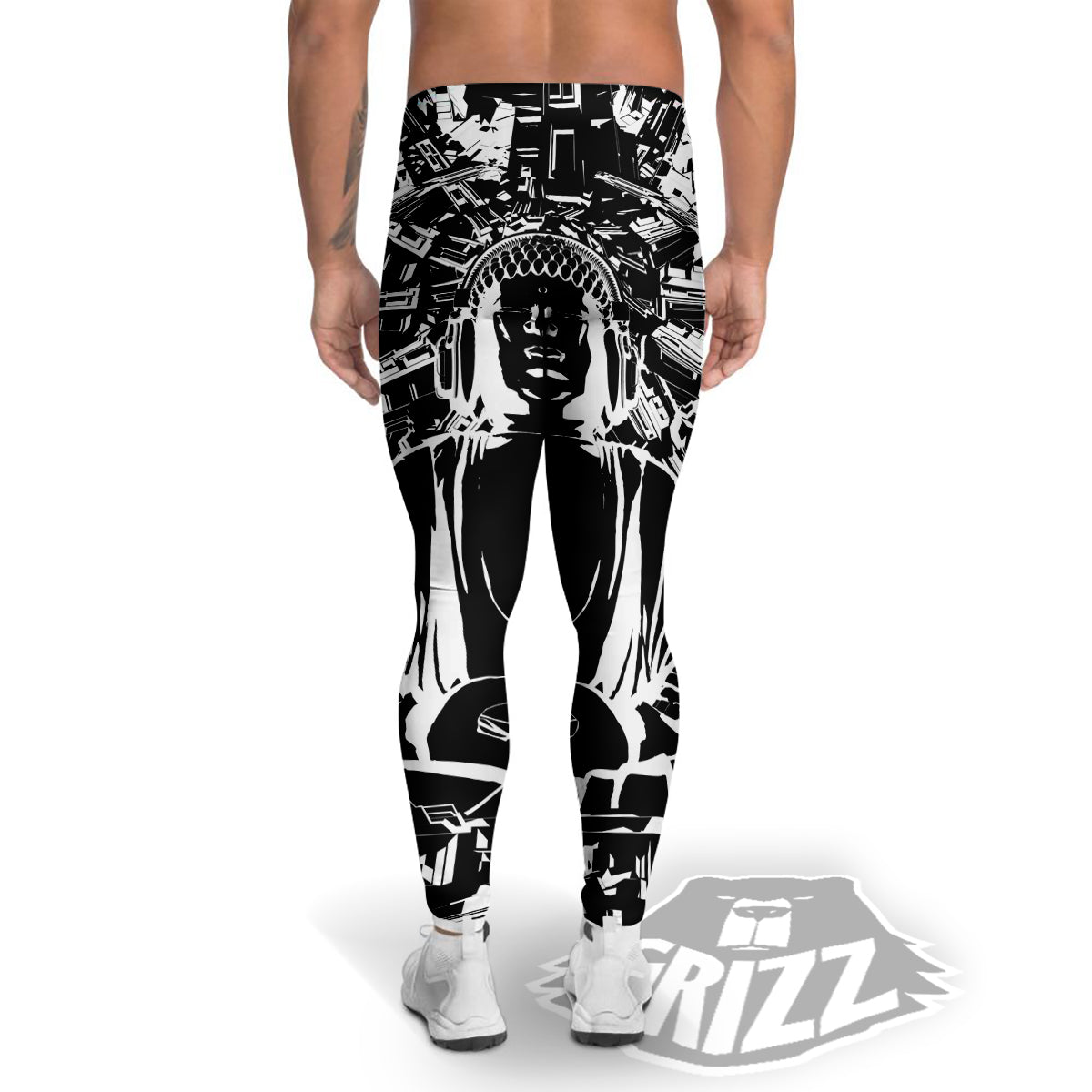 Technical Buddha Black And White Print Men's Leggings-grizzshop