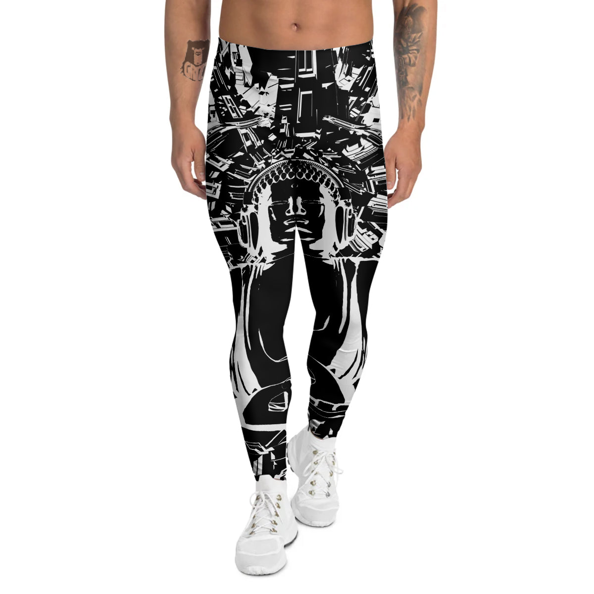 Technical Buddha Black And White Print Men's Leggings-grizzshop