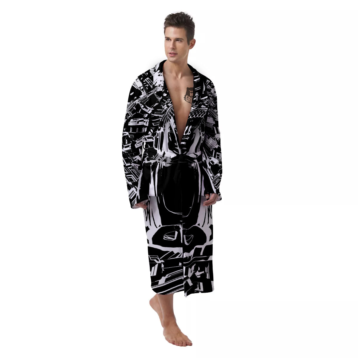 Technical Buddha Black And White Print Men's Robe-grizzshop