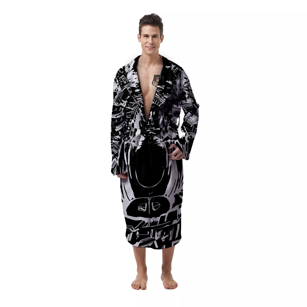 Technical Buddha Black And White Print Men's Robe-grizzshop