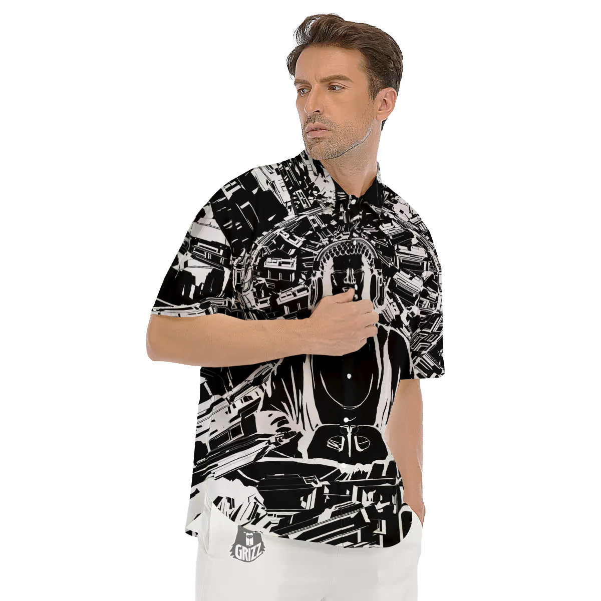 Technical Buddha Black And White Print Men's Short Sleeve Shirts-grizzshop