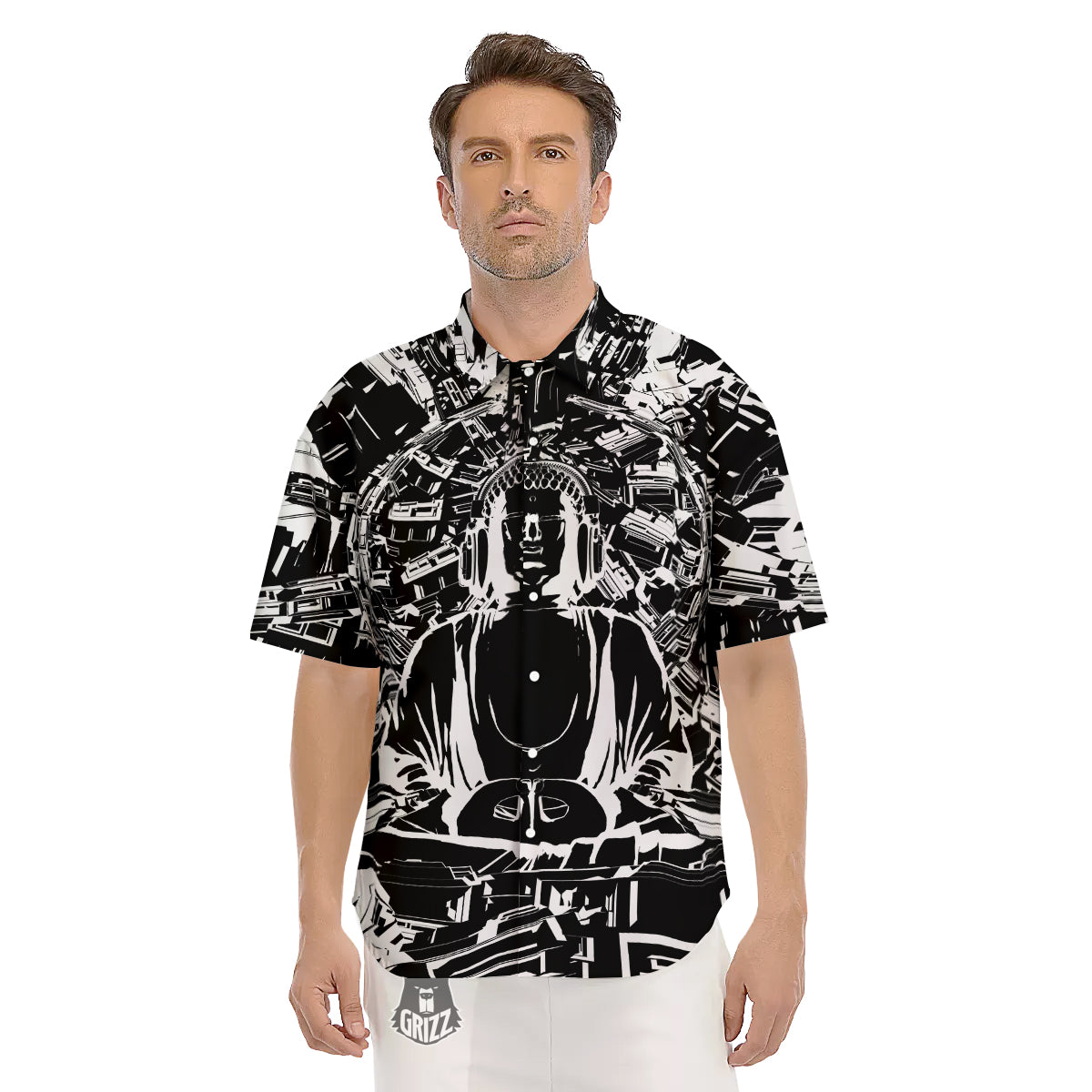 Technical Buddha Black And White Print Men's Short Sleeve Shirts-grizzshop