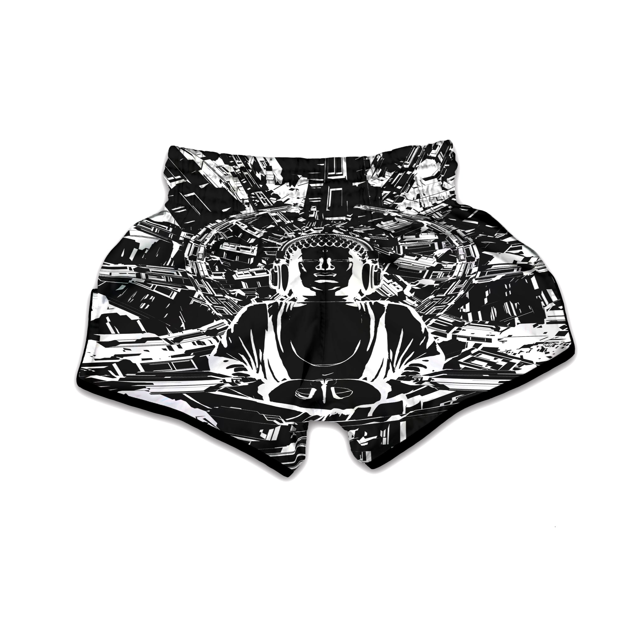 Technical Buddha Black And White Print Muay Thai Boxing Shorts-grizzshop