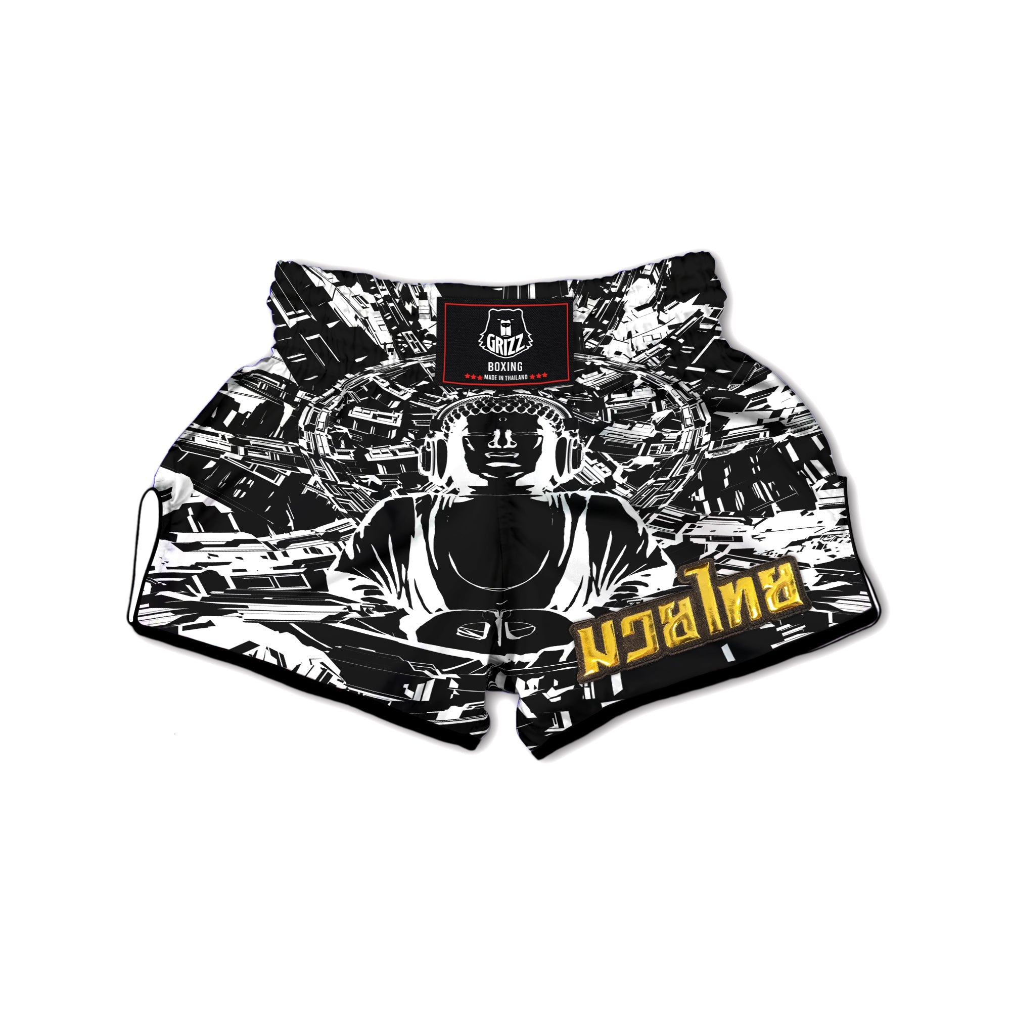 Technical Buddha Black And White Print Muay Thai Boxing Shorts-grizzshop