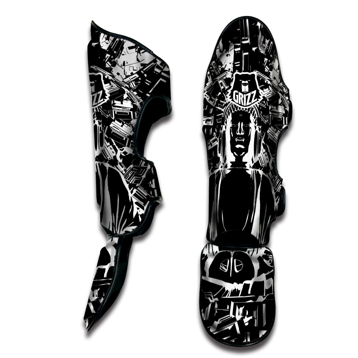 Technical Buddha Black And White Print Muay Thai Shin Guards-grizzshop