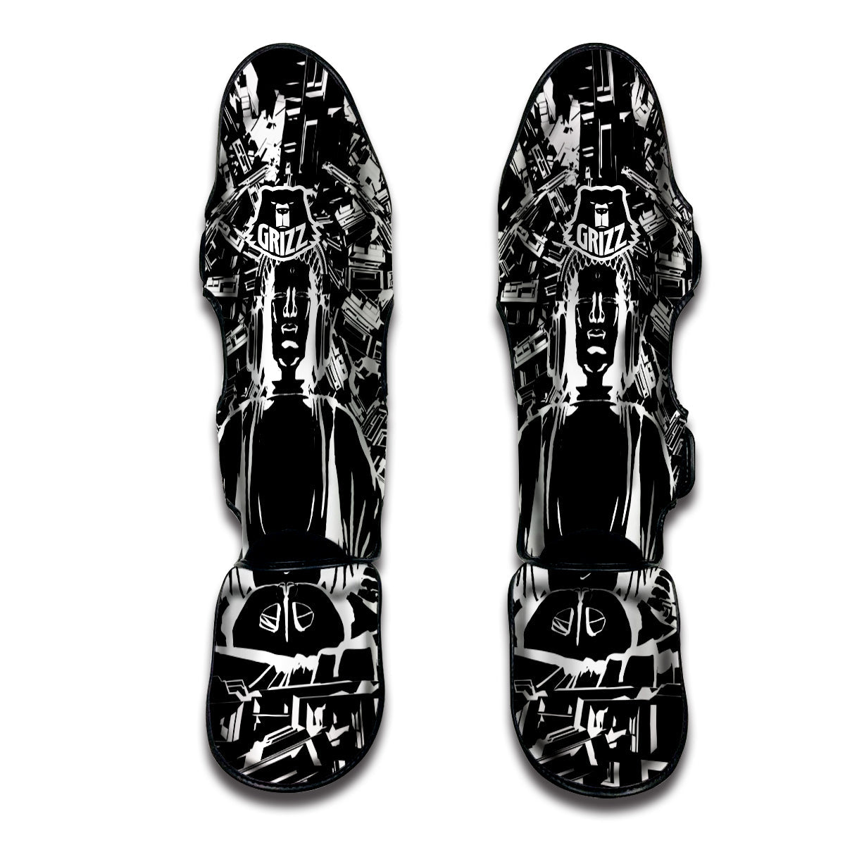 Technical Buddha Black And White Print Muay Thai Shin Guards-grizzshop
