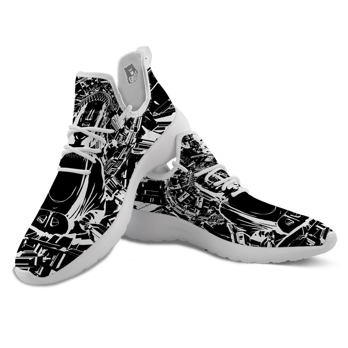 Technical Buddha Black And White Print White Athletic Shoes-grizzshop