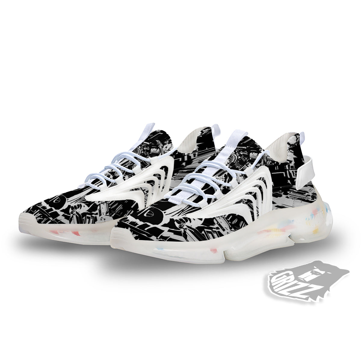 Technical Buddha Black And White Print White Gym Shoes-grizzshop