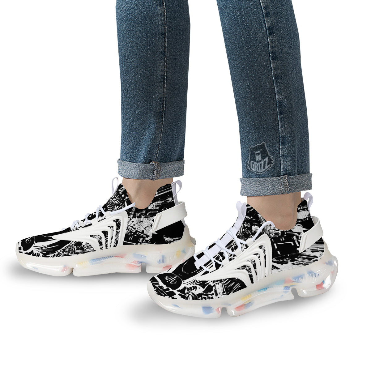 Technical Buddha Black And White Print White Gym Shoes-grizzshop