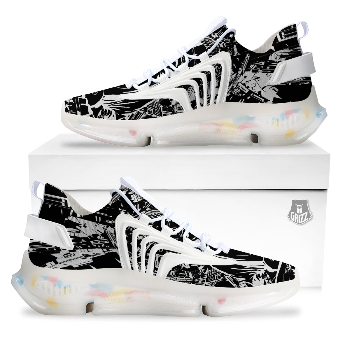 Technical Buddha Black And White Print White Gym Shoes-grizzshop