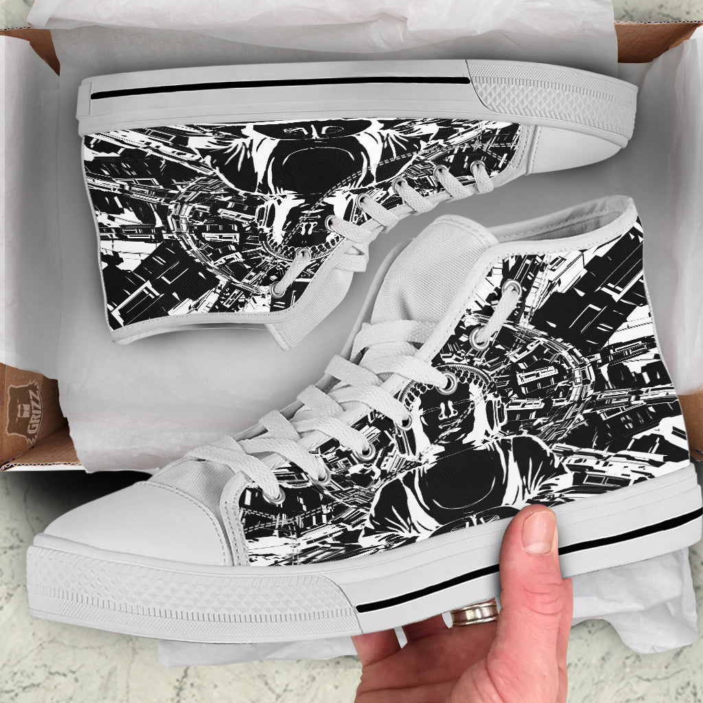 Technical Buddha Black And White Print White High Top Shoes-grizzshop