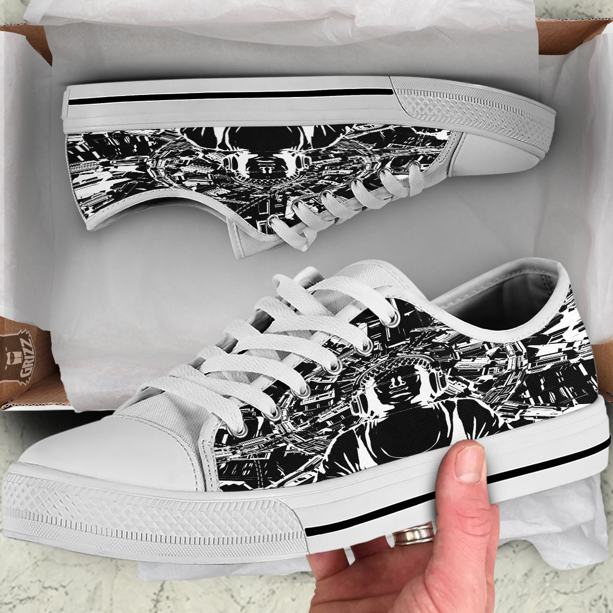 Technical Buddha Black And White Print White Low Top Shoes-grizzshop