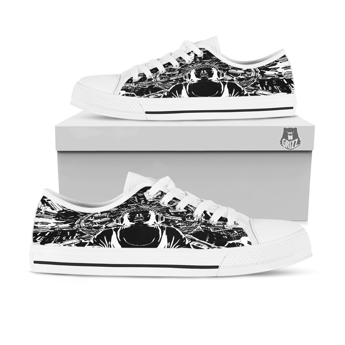 Technical Buddha Black And White Print White Low Top Shoes-grizzshop