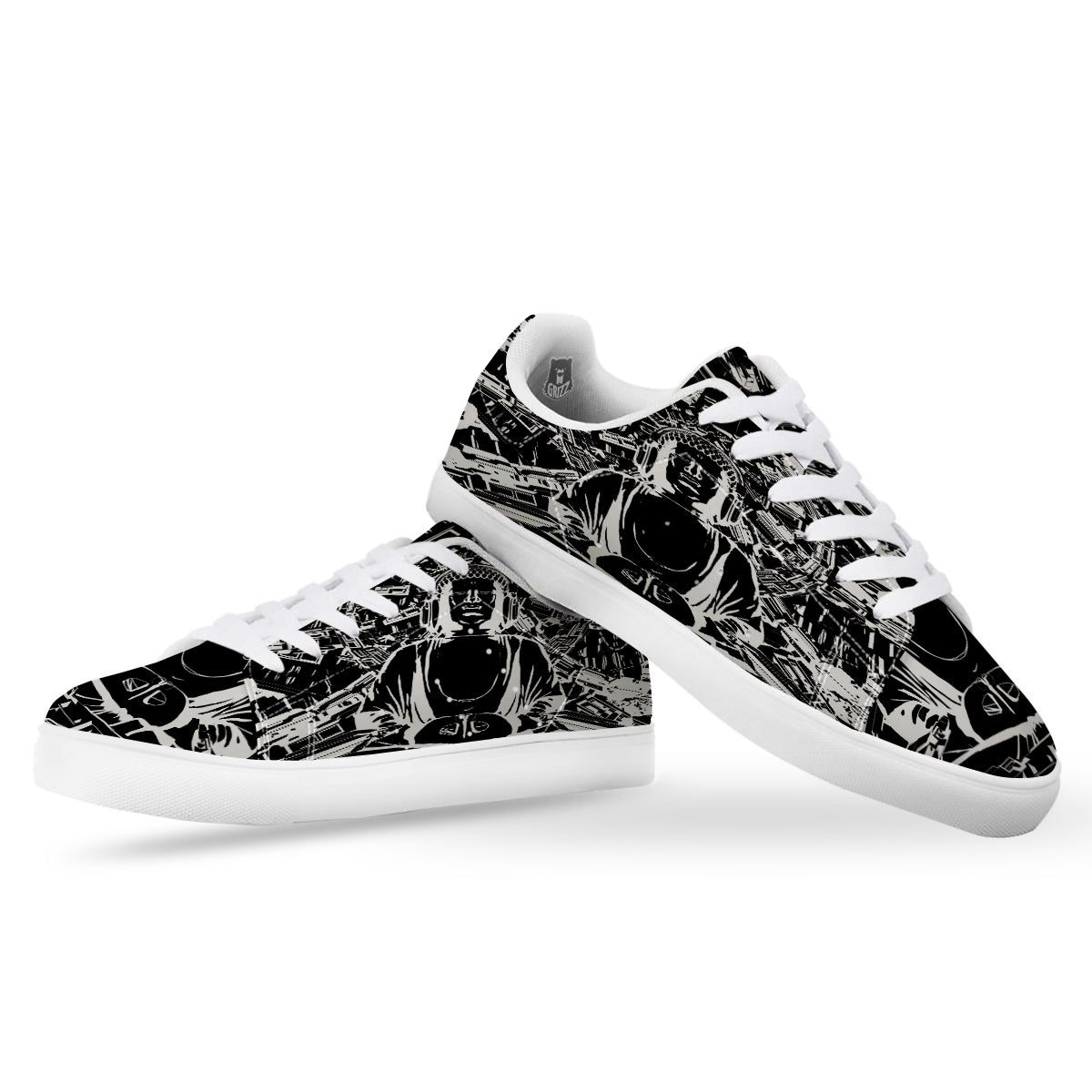 Technical Buddha Black And White Print White Low Top Sneakers-grizzshop